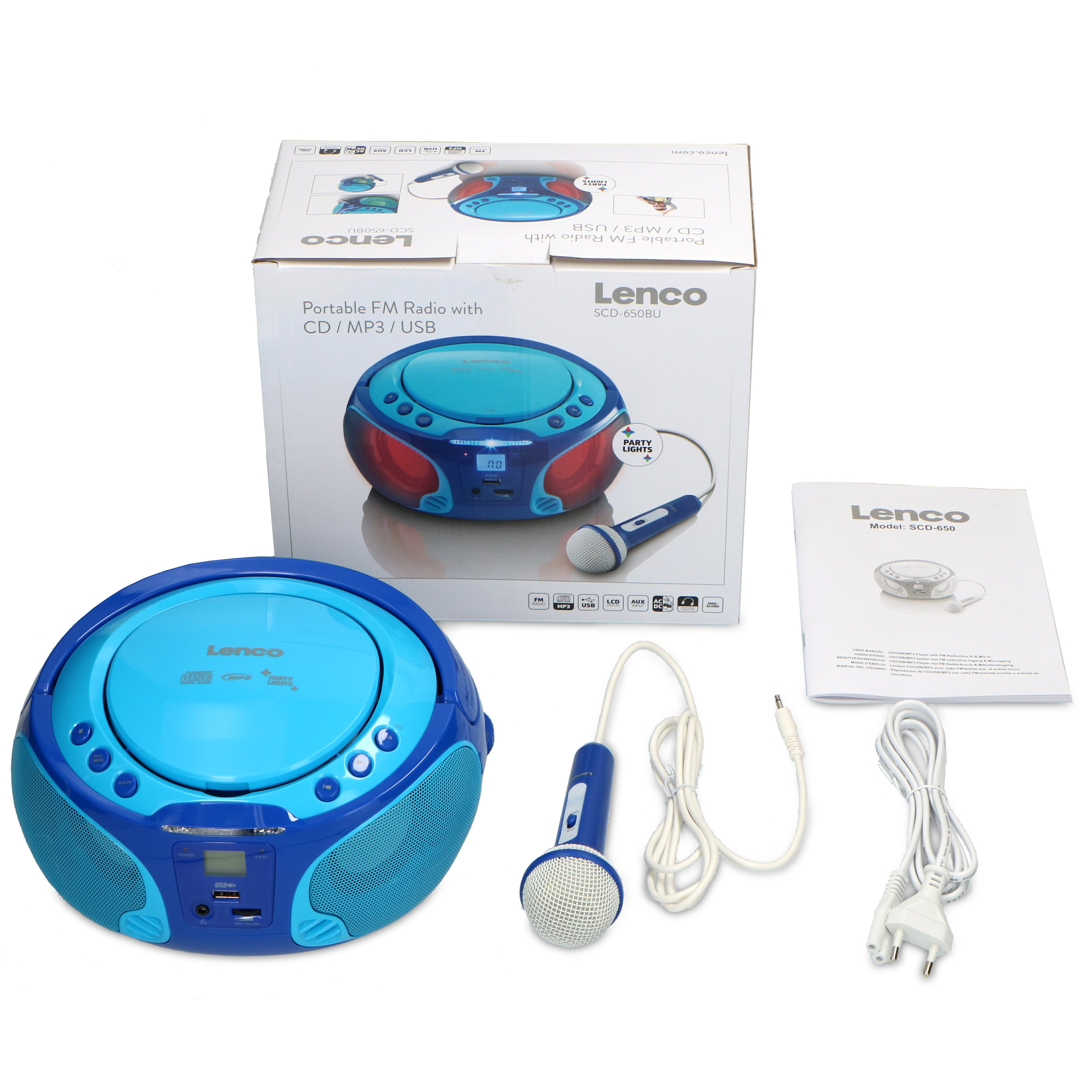 Tragbares FM Radio CD/MP3/USB Mikrofon & Lichteffekte Blau