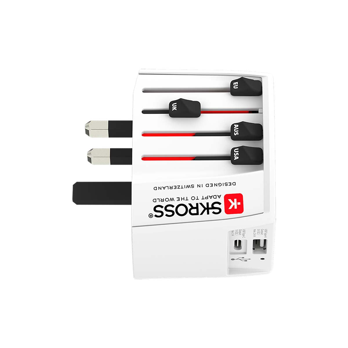 Innovativer 2-poliger Weltreise-Adapter mit integriertem Dual-USB-Ladegerät (1x USB C & 1 x USB)