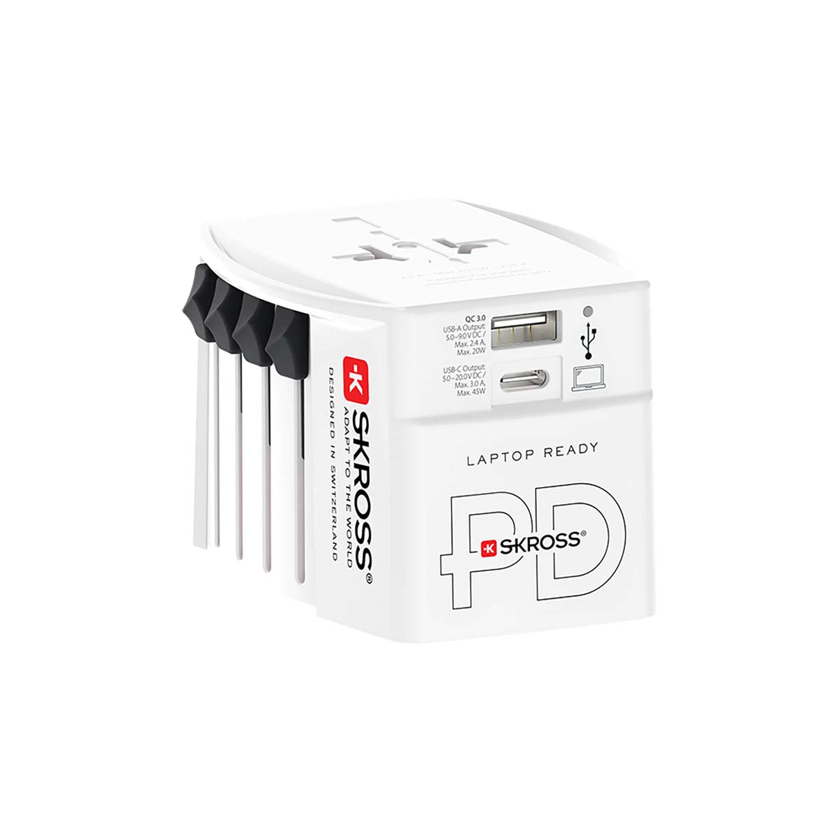2-poliger Weltreise-Adapter mit integriertem Dual-USB-Ladegerät (1x USB C & 1 x USB) 45 Watt Power Delivery