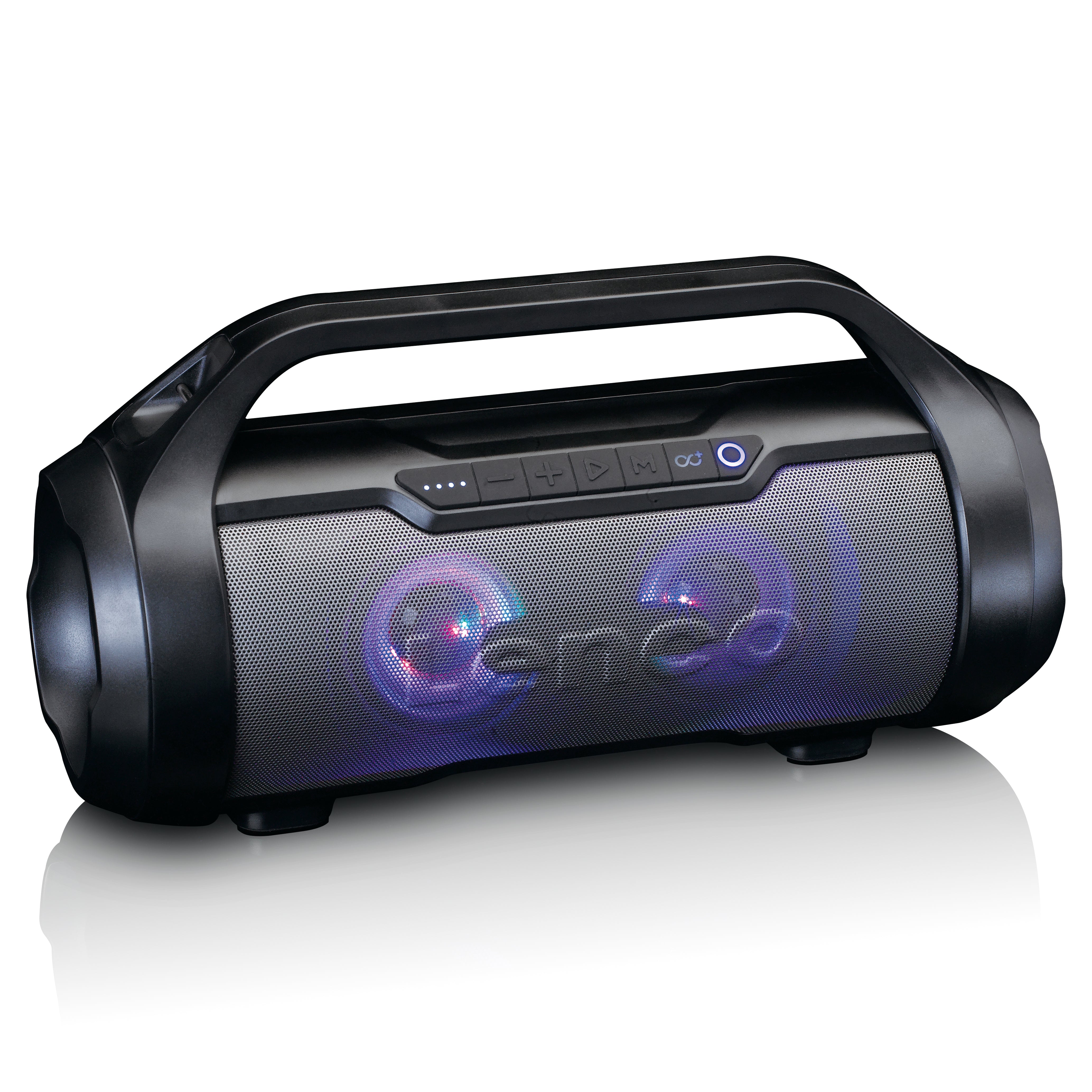 Spritzwassergeschützter Bluetooth®-Lautsprecher mit FM-Radio, USB, SD und Party-Licht Schwarz