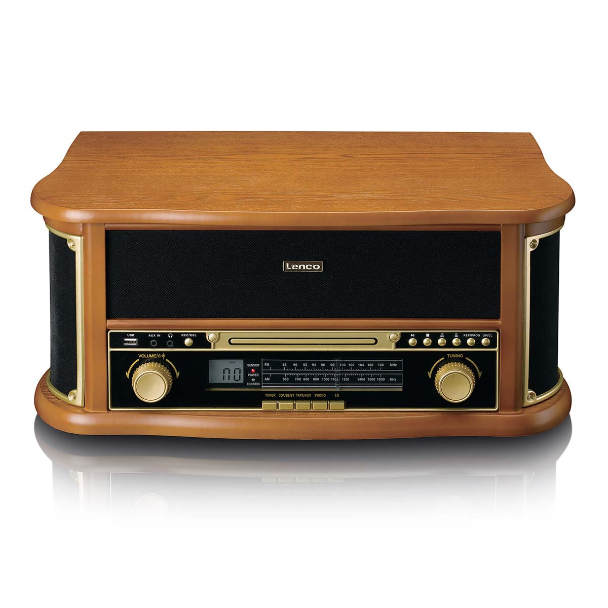 Retro-Plattenspieler aus Holz mit Bluetooth®, AM/FM-Radio, USB-Codierung, CD-Player, Kassettenspieler und eingebauten Lautsprechern