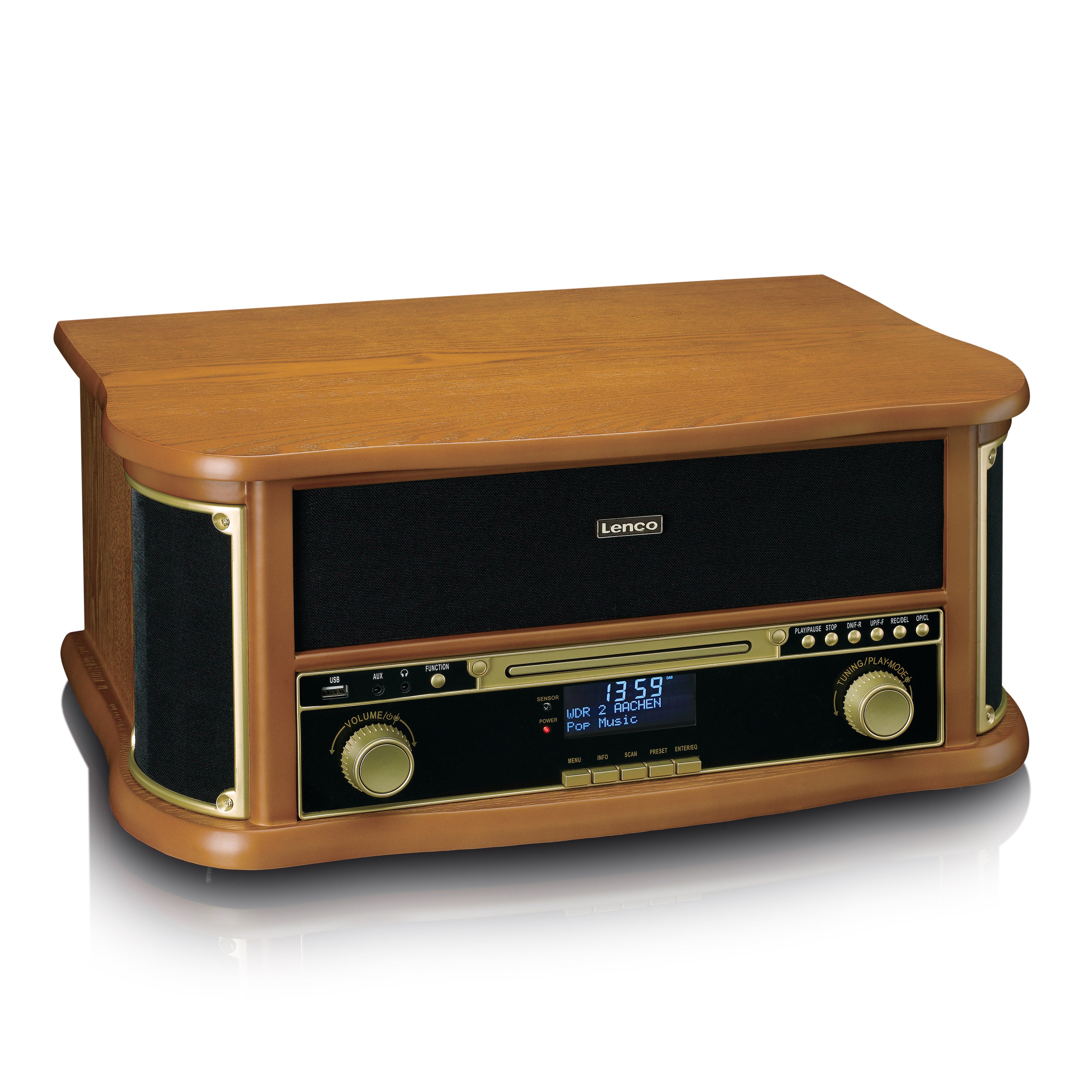 Retro-Plattenspieler aus Holz mit Bluetooth®, DAB+/FM-Radio, USB-Verschlüsselung, CD-Player, Kassettenspieler und eingebauten Lautsprechern