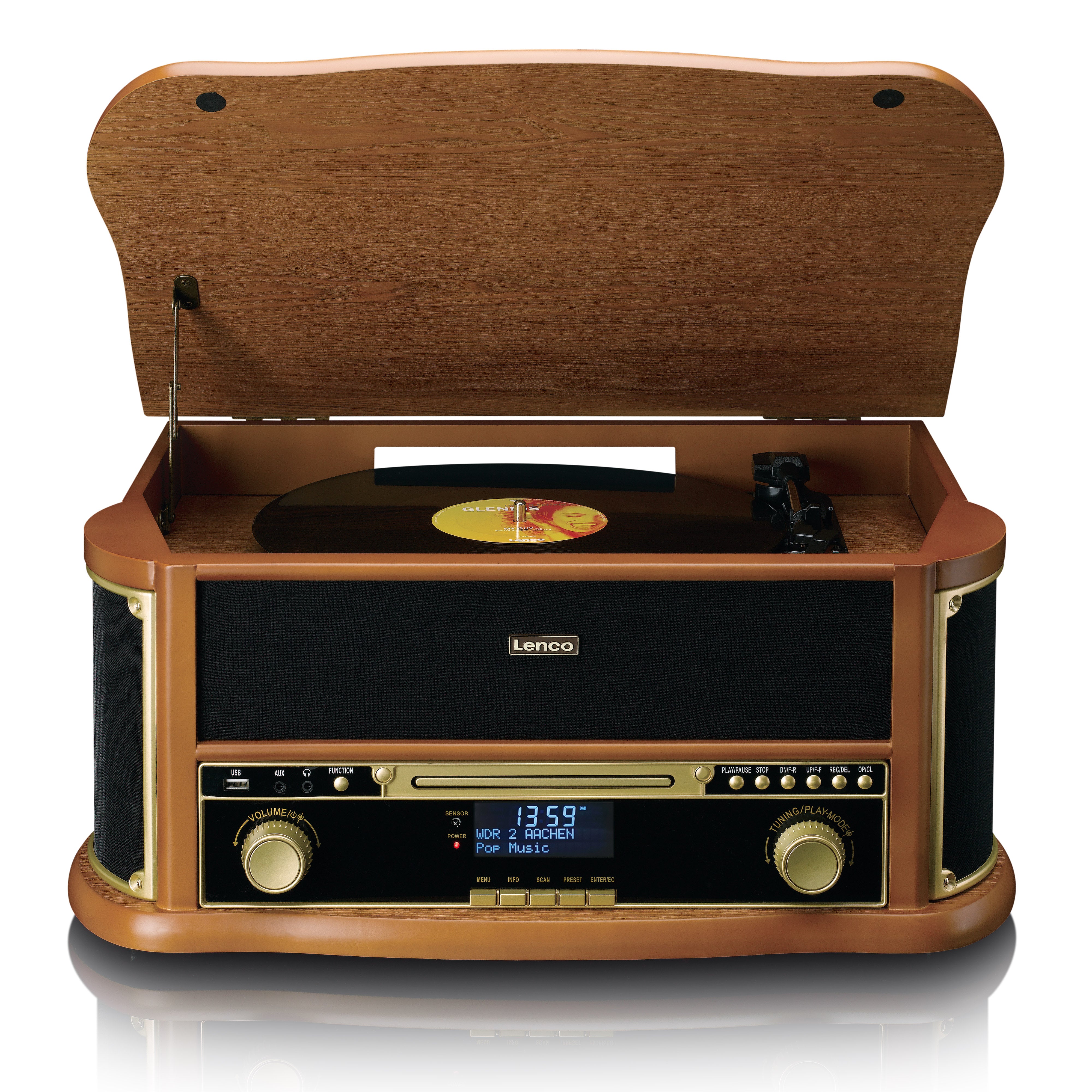 Retro-Plattenspieler aus Holz mit Bluetooth®, DAB+/FM-Radio, USB-Verschlüsselung, CD-Player, Kassettenspieler und eingebauten Lautsprechern