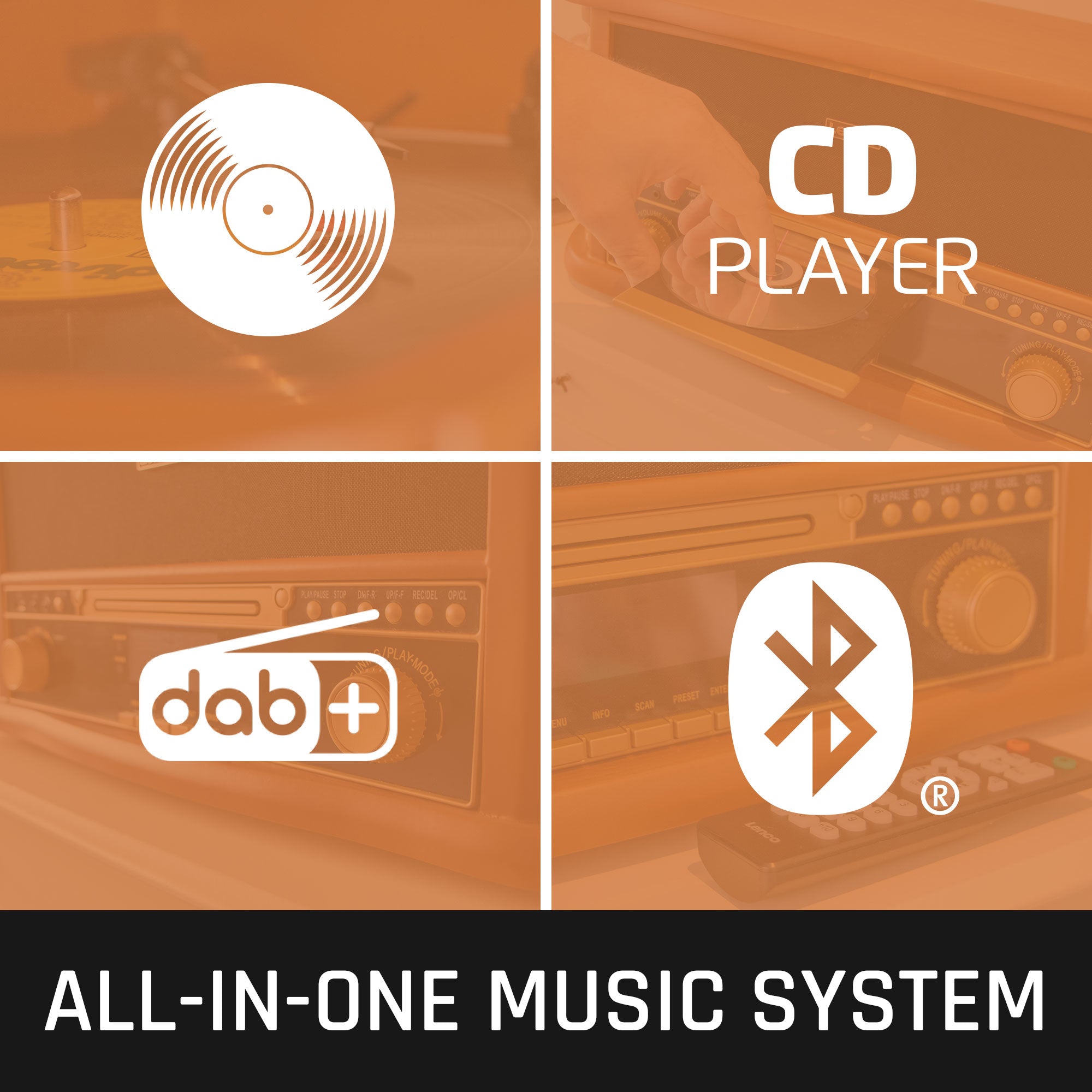 Retro-Plattenspieler aus Holz mit Bluetooth®, DAB+/FM-Radio, USB-Verschlüsselung, CD-Player, Kassettenspieler und eingebauten Lautsprechern