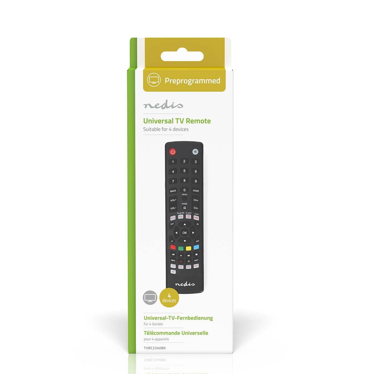 Universal-Fernbedienung | Vorprogrammiert | 4 Geräte | Amazon Prime / Disney + Button / Google Play Button / Netflix Button / Youtube Button | Infrarot | Schwarz
