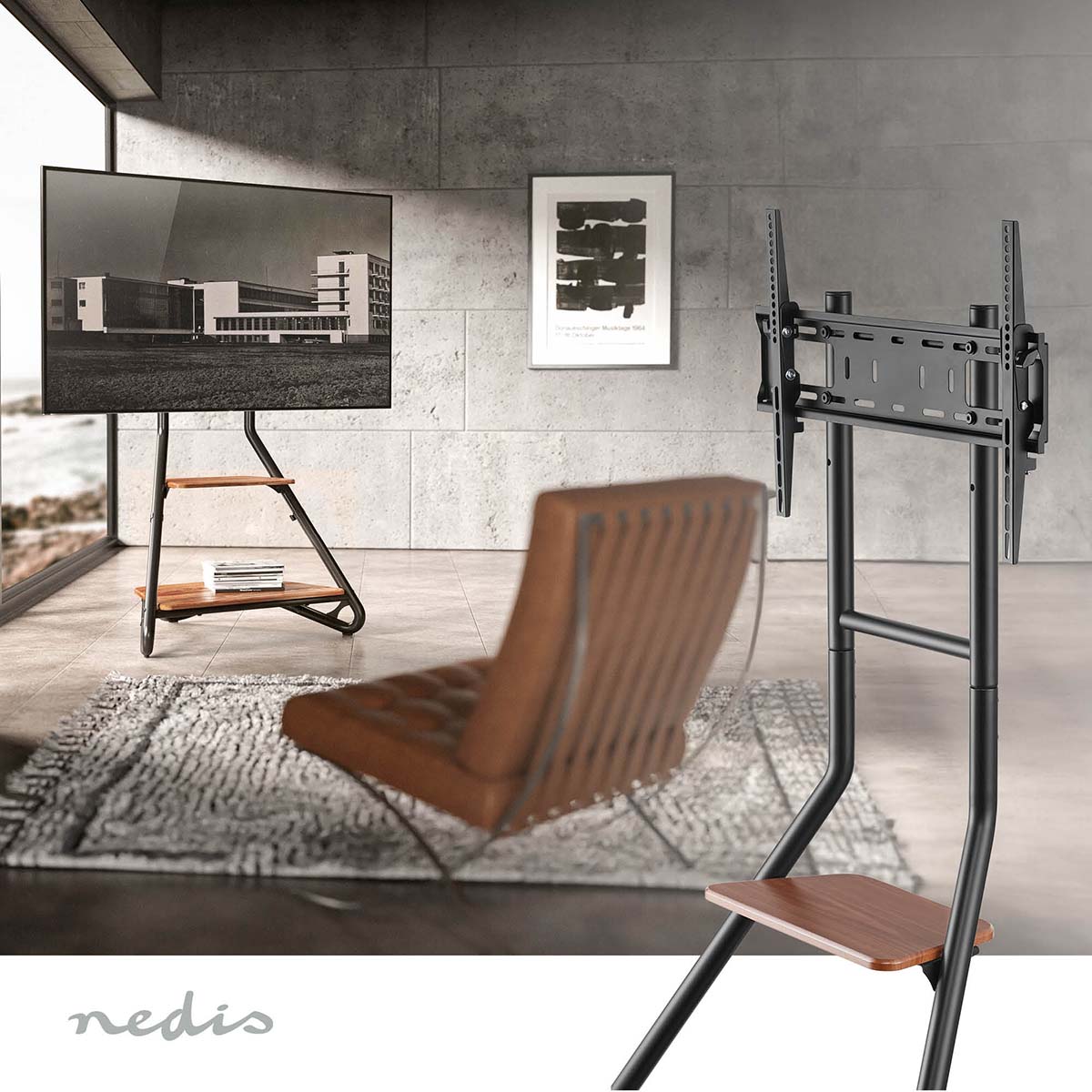 TV Bodenständer | 37 - 75 " | maximal unterstützes Bildschirmgewicht: 40 kg | Bauhaus Design | Einstellbare voreingestellte Höhen | MDF / Stahl | Braun / Schwarz