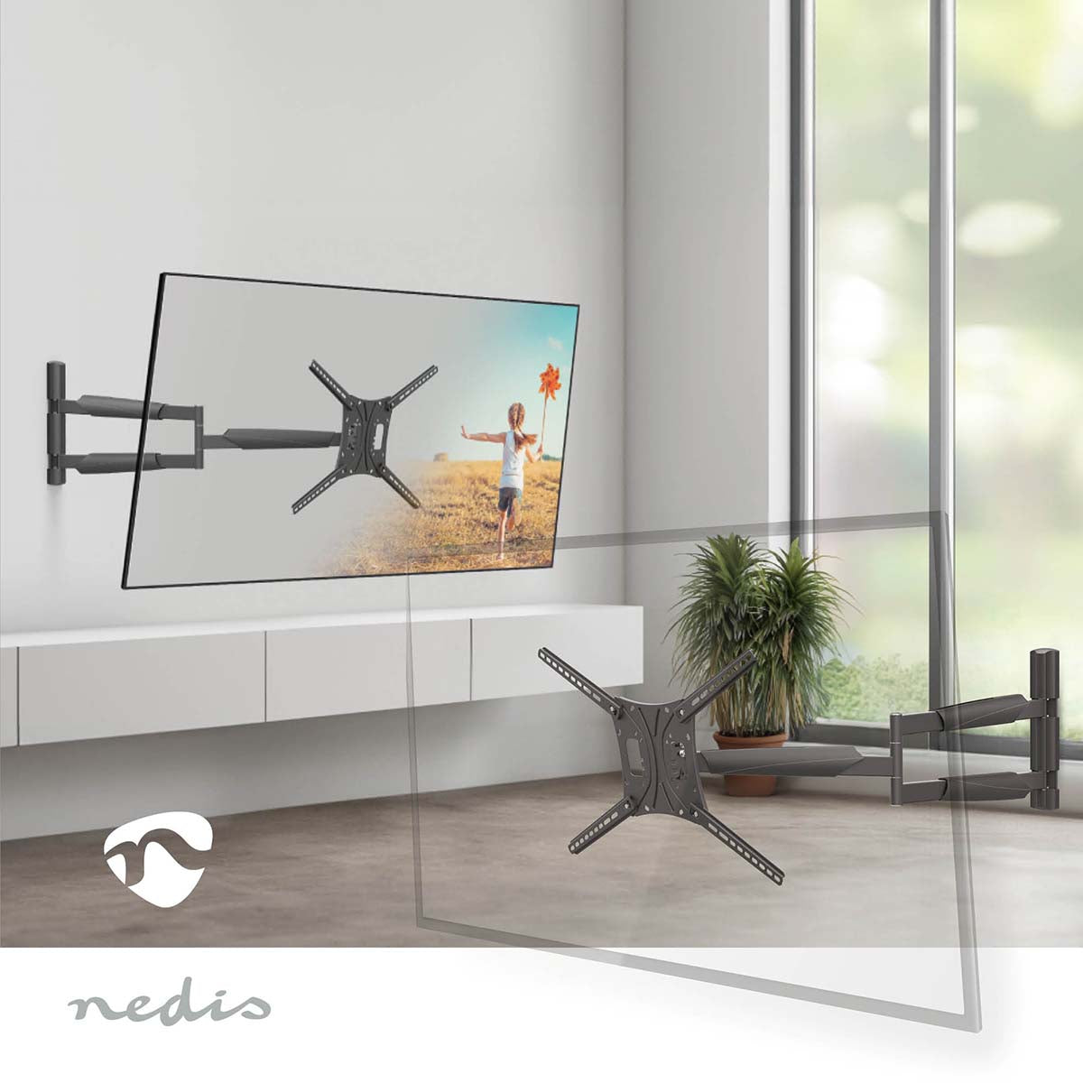 Vollbewegliche-TV-Wandhalterung | 13 - 86 " | maximal unterstützes Bildschirmgewicht: 60 kg | kippbar | drehbar | Minimaler Wandabstand: 70 mm | Maximaler Wandabstand: 1020 mm | 3 Drehpunkt(e) | ABS / Stahl | Schwarz