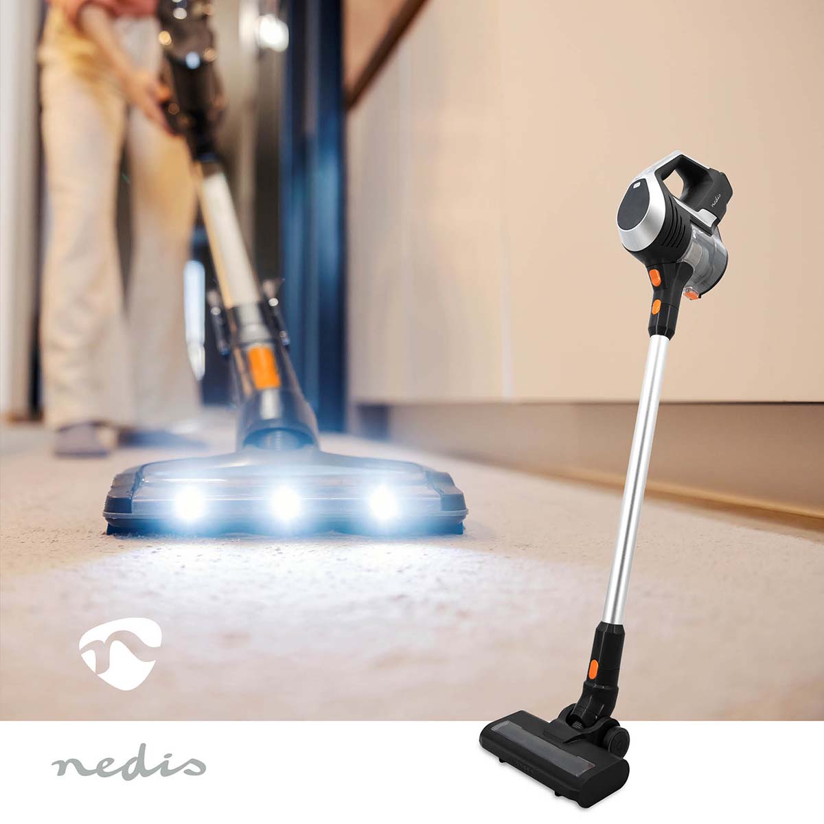 Stick Staubsauger | 130 W | 25.9 VAC | Motorisierte weiche Bürste mit integrierter Beleuchtung | 10000 Pa | HEPA Luftfilter | Orange / Schwarz