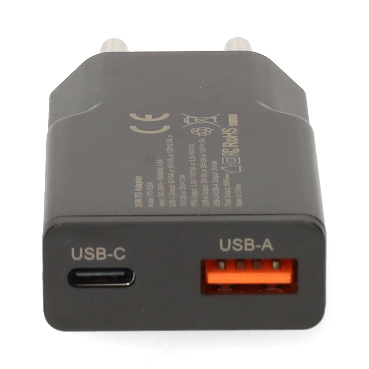 Netzladegerät | 20 W | GaN | PD3.0 | Schnellladefunktion | 1.5 / 2.0 / 2.22 A / 3.0 A | Anzahl der Ausgänge: 2 | USB-A / USB-C™ | Automatische Spannungswahl | Schwarz