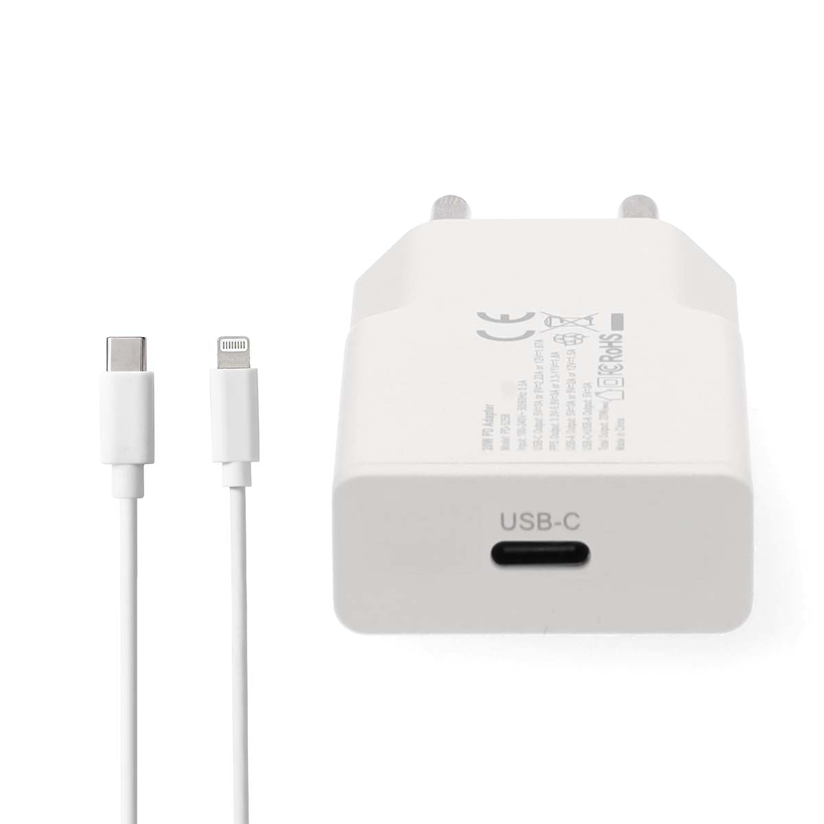 Netzladegerät | 20 W | GaN | PD3.0 | Schnellladefunktion | 1.67 A / 2.22 A / 3.0 A | Anzahl der Ausgänge: 1 | USB-C™ | Lightning 8-Pin (Lose) Kabel | 1.00 m | Automatische Spannungswahl | Weiss