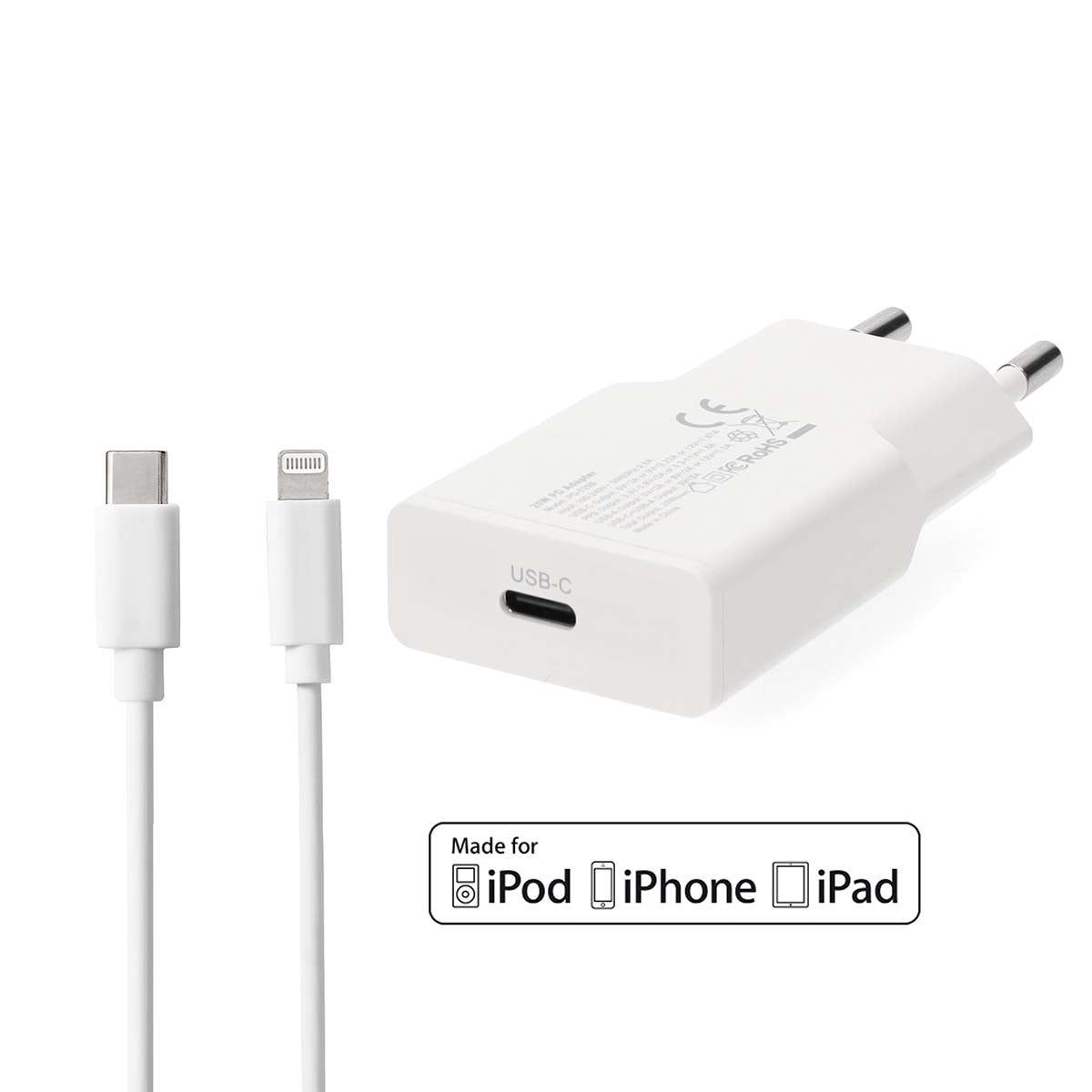 Netzladegerät | 20 W | GaN | PD3.0 | Schnellladefunktion | 1.67 A / 2.22 A / 3.0 A | Anzahl der Ausgänge: 1 | USB-C™ | Lightning 8-Pin (Lose) Kabel | 1.00 m | Automatische Spannungswahl | Weiss