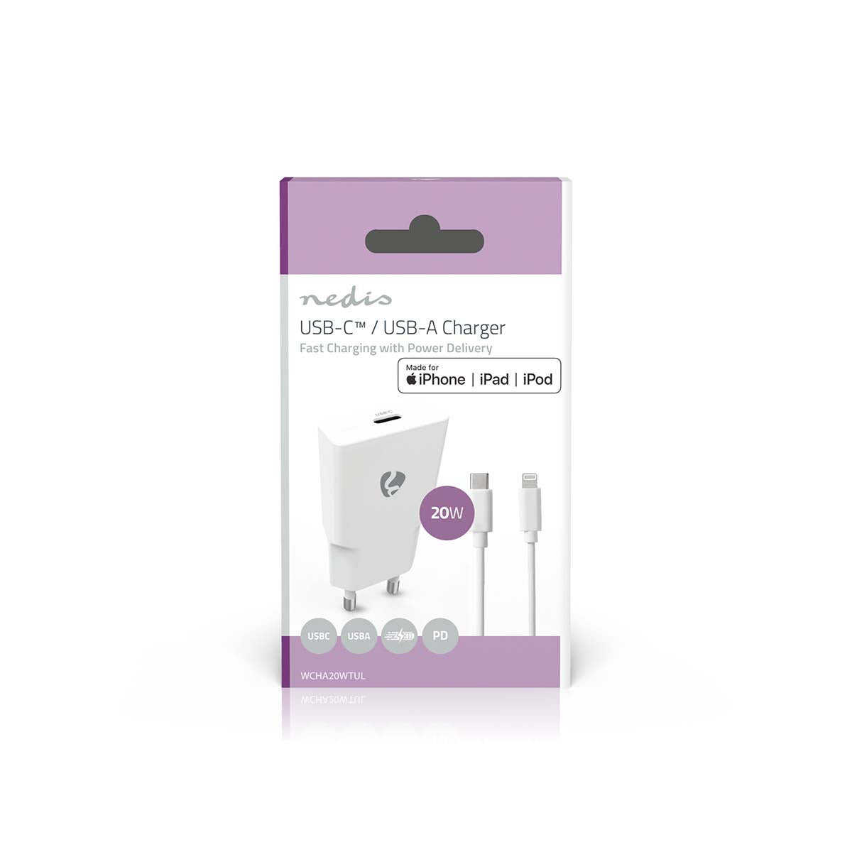 Netzladegerät | 20 W | GaN | PD3.0 | Schnellladefunktion | 1.67 A / 2.22 A / 3.0 A | Anzahl der Ausgänge: 1 | USB-C™ | Lightning 8-Pin (Lose) Kabel | 1.00 m | Automatische Spannungswahl | Weiss