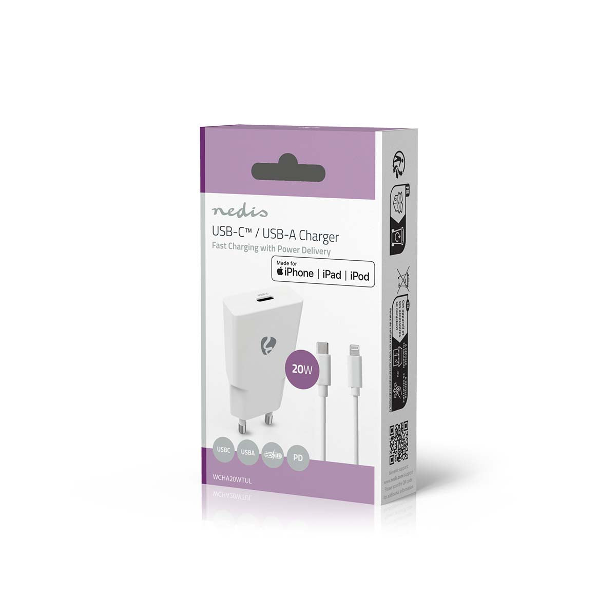 Netzladegerät | 20 W | GaN | PD3.0 | Schnellladefunktion | 1.67 A / 2.22 A / 3.0 A | Anzahl der Ausgänge: 1 | USB-C™ | Lightning 8-Pin (Lose) Kabel | 1.00 m | Automatische Spannungswahl | Weiss