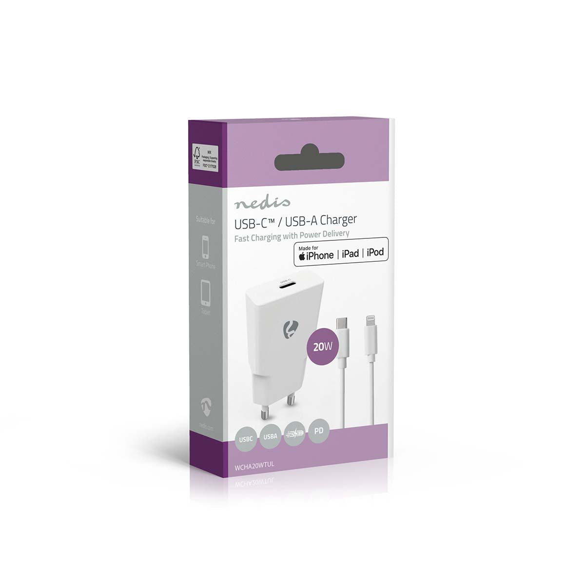 Netzladegerät | 20 W | GaN | PD3.0 | Schnellladefunktion | 1.67 A / 2.22 A / 3.0 A | Anzahl der Ausgänge: 1 | USB-C™ | Lightning 8-Pin (Lose) Kabel | 1.00 m | Automatische Spannungswahl | Weiss