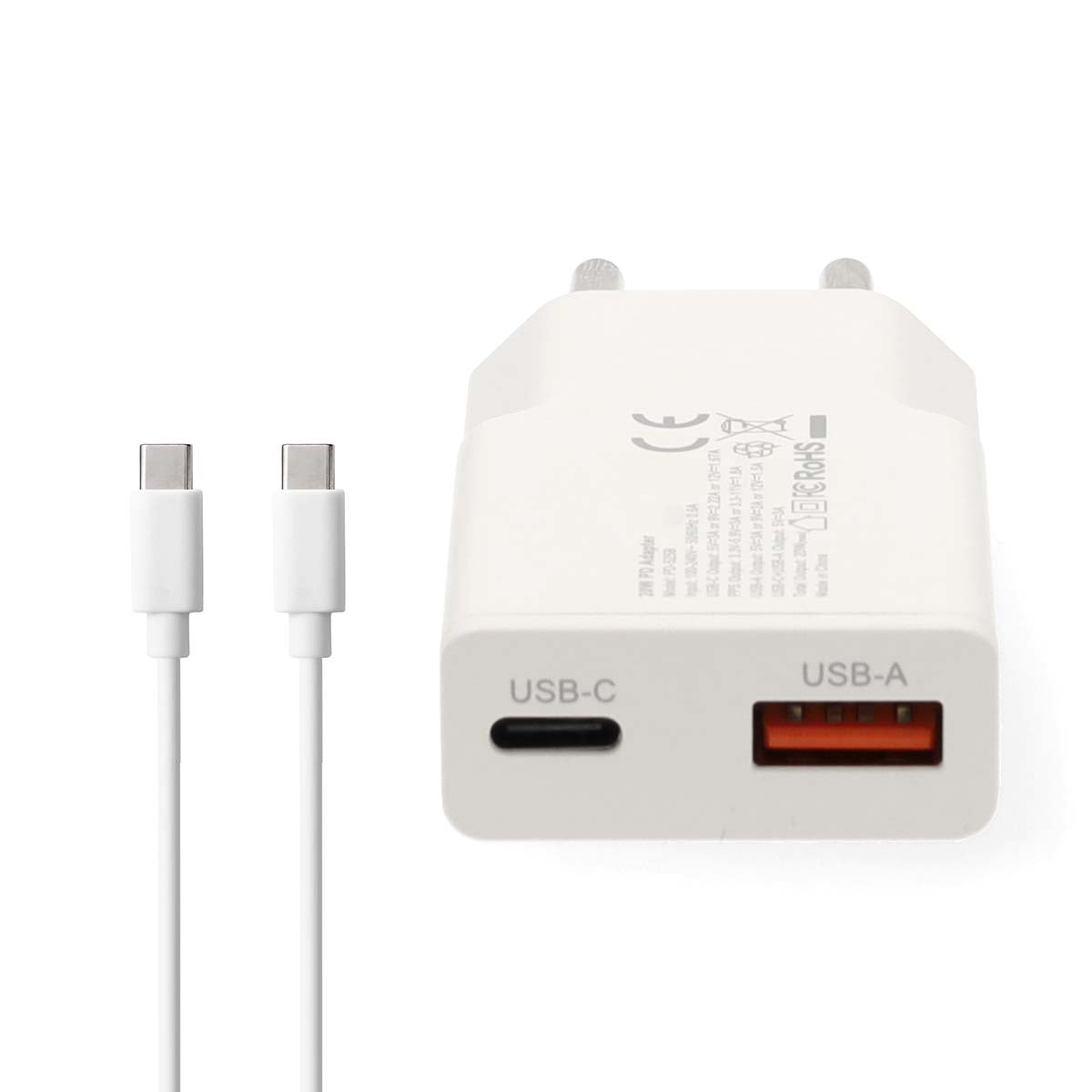 Netzladegerät | 30 W | GaN | PD3.0 30W | Schnellladefunktion | 1.5 / 2.0 / 2.5 / 3.0 A | Anzahl der Ausgänge: 2 | USB-A / USB-C™ | USB-C™ (Lose) Kabel | 1.50 m | Automatische Spannungswahl | Weiss