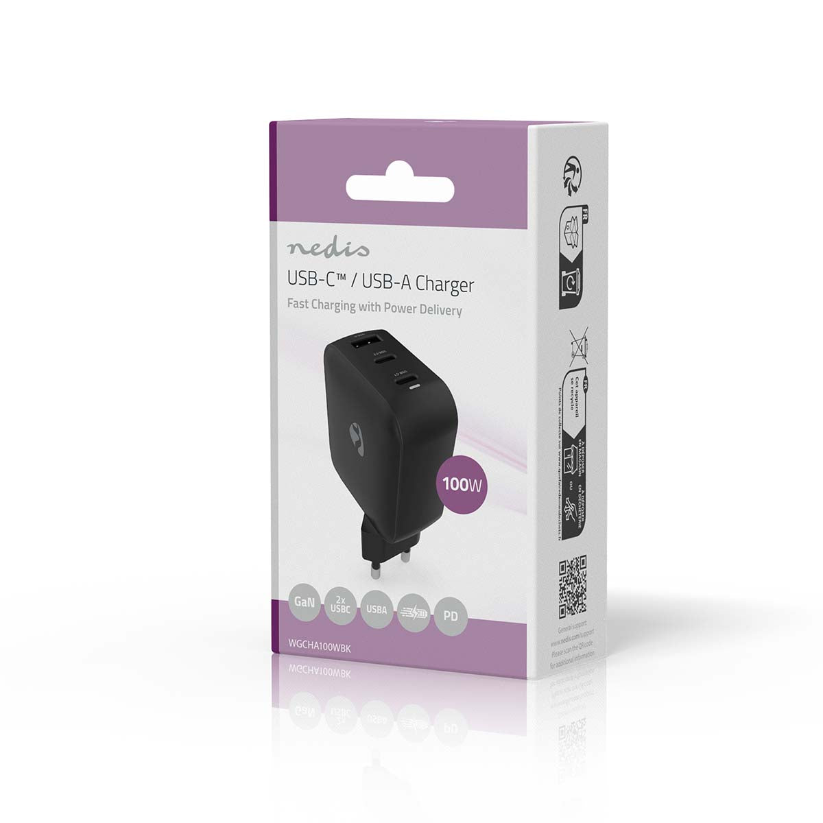 Netzladegerät | 100 W | GaN | PD3.0 | Schnellladefunktion | 2.5 / 3.0 / 5.0 A | Anzahl der Ausgänge: 3 | USB-A / 2x USB-C™ | Automatische Spannungswahl | Schwarz