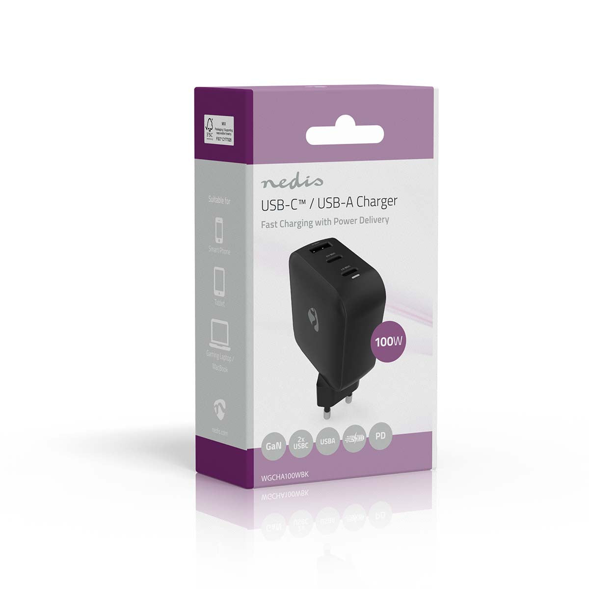 Netzladegerät | 100 W | GaN | PD3.0 | Schnellladefunktion | 2.5 / 3.0 / 5.0 A | Anzahl der Ausgänge: 3 | USB-A / 2x USB-C™ | Automatische Spannungswahl | Schwarz