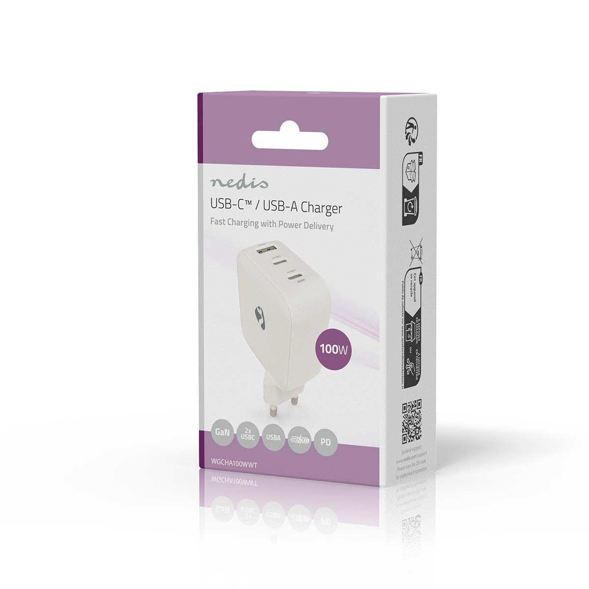 Netzladegerät | 100 W | GaN | PD3.0 | Schnellladefunktion | 2.5 / 3.0 / 5.0 A | Anzahl der Ausgänge: 3 | USB-A / 2x USB-C™ | Automatische Spannungswahl | Weiss