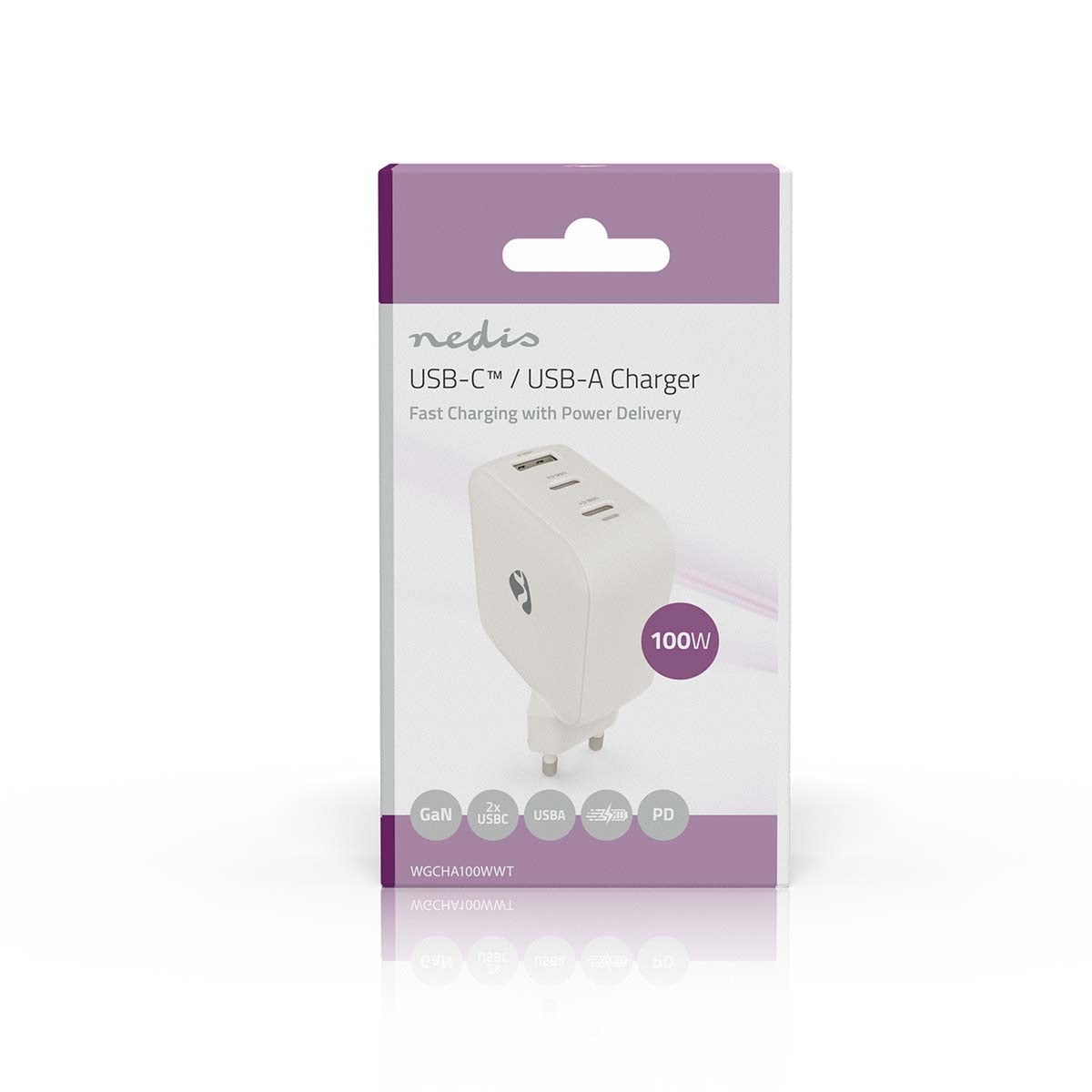 Netzladegerät | 100 W | GaN | PD3.0 | Schnellladefunktion | 2.5 / 3.0 / 5.0 A | Anzahl der Ausgänge: 3 | USB-A / 2x USB-C™ | Automatische Spannungswahl | Weiss