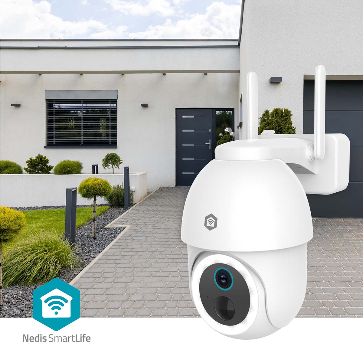 SmartLife Außenkamera | Wi-Fi | Spotlight | 3MP Full HD 1296p | Pan tilt | IP65 | Max. Batterie-Lebensdauer: 3 Monate | Cloud Storage (optional) / microSD (not enthalten) | 5 V DC | mit Bewegungssensor | Nachtsicht | Weiss