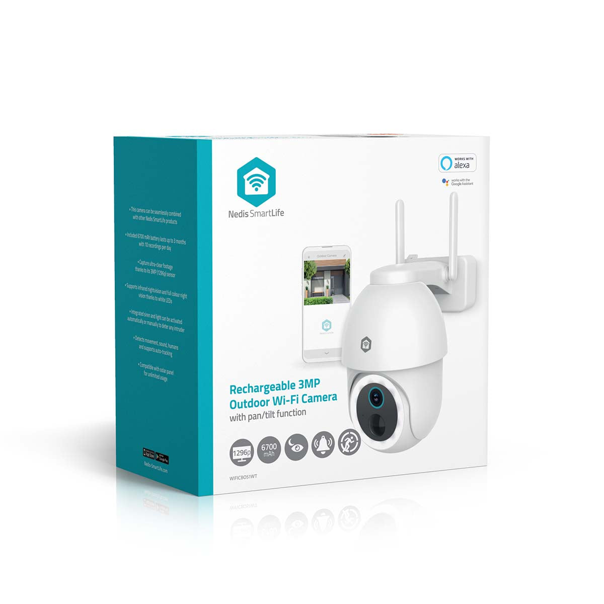 SmartLife Außenkamera | Wi-Fi | Spotlight | 3MP Full HD 1296p | Pan tilt | IP65 | Max. Batterie-Lebensdauer: 3 Monate | Cloud Storage (optional) / microSD (not enthalten) | 5 V DC | mit Bewegungssensor | Nachtsicht | Weiss