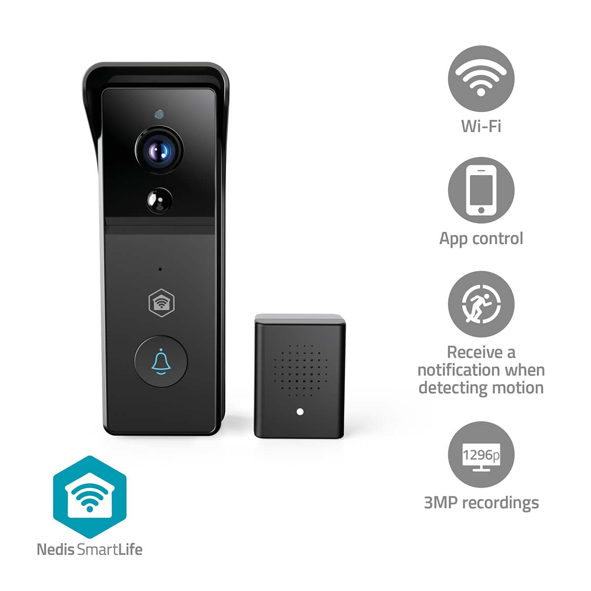 SmartLife Video-Türsprechanlage | Wi-Fi | Batteriebetrieben | 3MP Full HD 1296p | Cloud Storage (optional) / microSD (not enthalten) | IP44 | mit Bewegungssensor | Nachtsicht | Schwarz