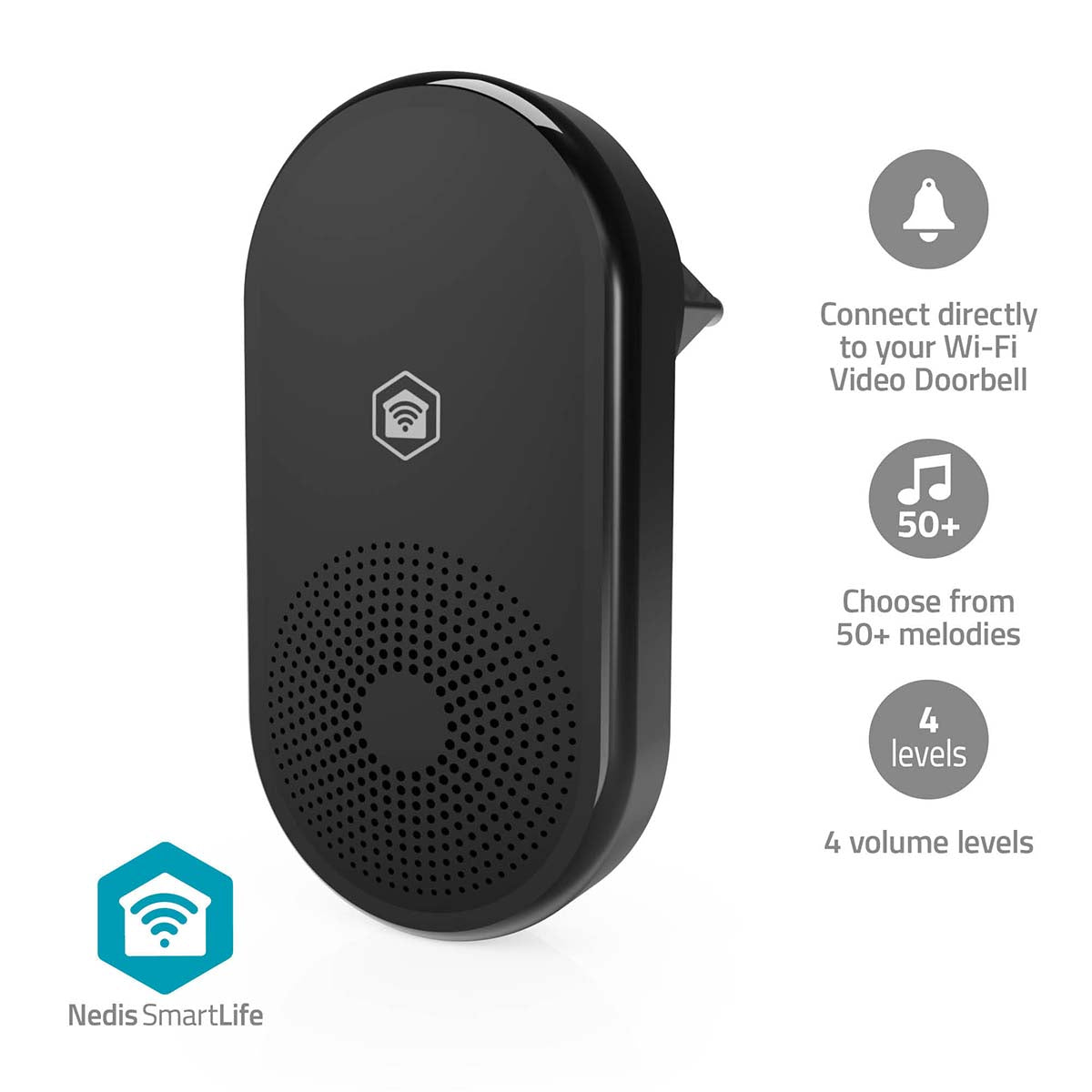 SmartLife Gong | 433 MHz | Zubehör für: WIFICDP11BK / WIFICDP21BK / WIFICDP31BK | Netzstromversorgung | 55 Klänge | 110 - 240 V AC 50/60 Hz | Verstellbares Volumen | Schwarz