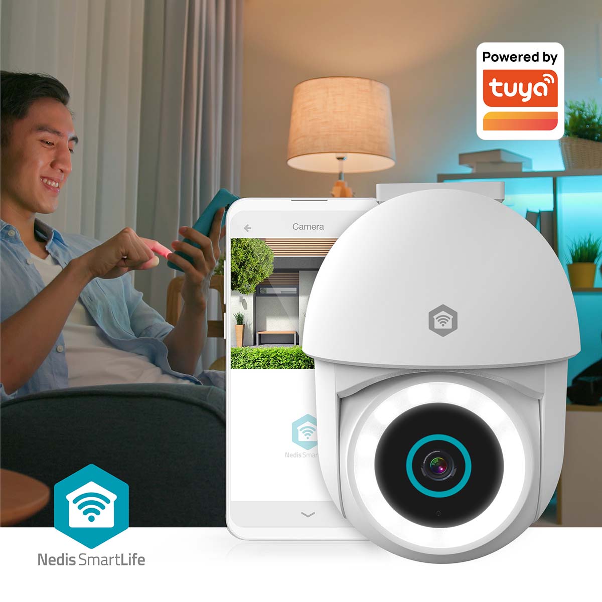 SmartLife Außenkamera | Wi-Fi | Spotlight | 3MP Full HD 1296p | Pan tilt | IP65 | Cloud Storage (optional) / microSD (not enthalten) / Onvif | 5 V DC | mit Bewegungssensor | Nachtsicht | Weiss