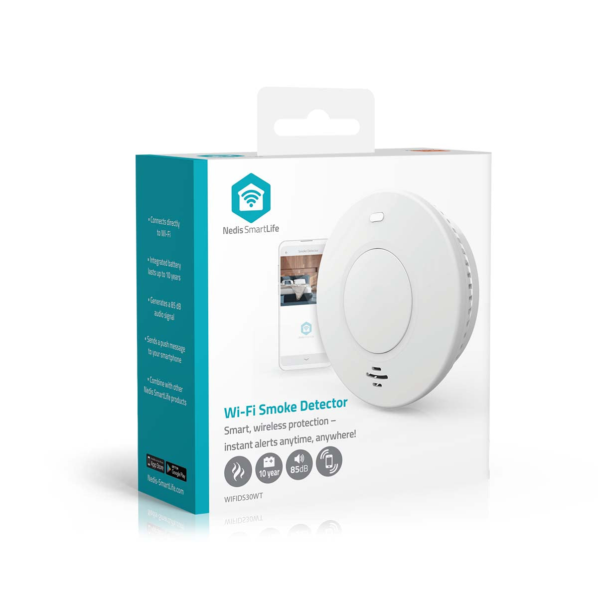 SmartLife Rauchmelder | Wi-Fi | Batteriebetrieben | Sensorlebensdauer: 10 Jahre | EN 14604 | Max. Batterie-Lebensdauer: 120 Monate | 85 dB | Weiss | 1 Stück