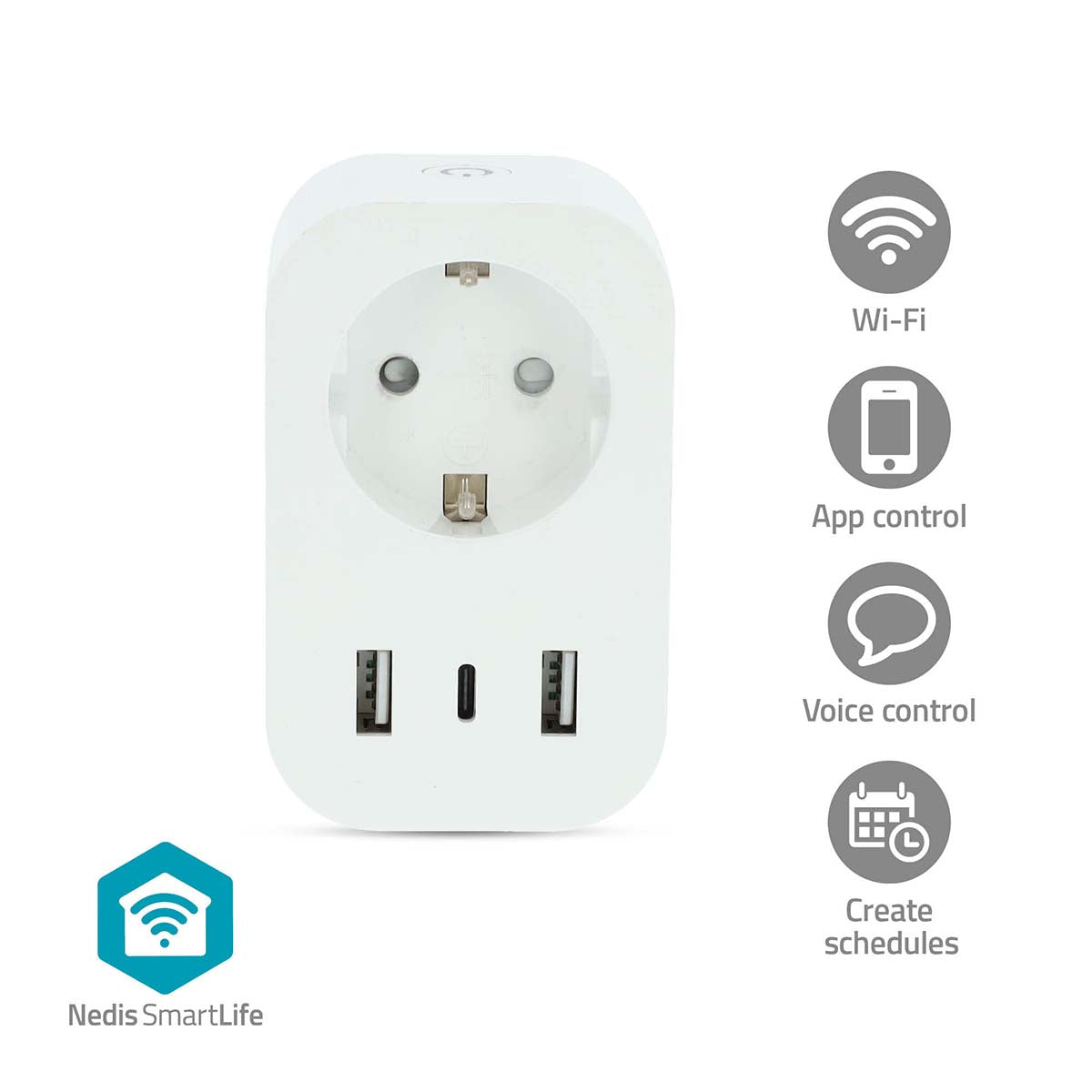 SmartLife Smart Stecker | Wi-Fi | IP21 | Leistungsmesser | 3680 W | Type F (CEE 7/7) / 1x USB-C™ / 2x USB | 0 - 55 °C | Android™ / IOS | Weiss | 1 Stück