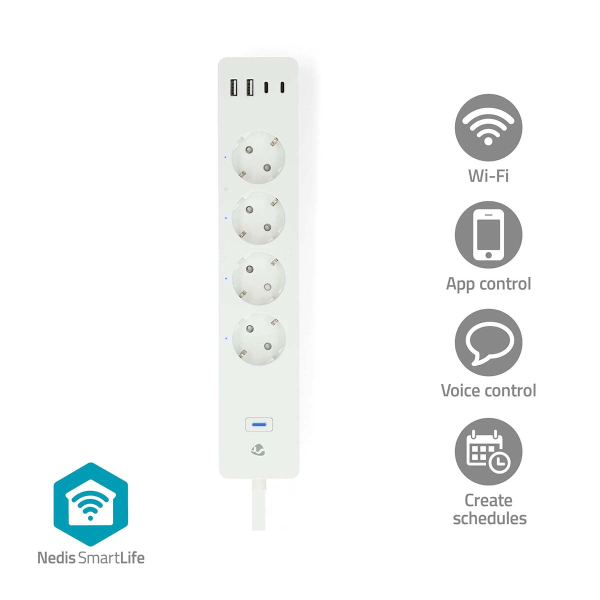 SmartLife Power Strip | Wi-Fi | Hybrid (CEE 7/7) / USB A / USB-C™ | 16 A | 3680 W | 2.00 m | 0 - 55 °C | Android™ / IOS | Weiss