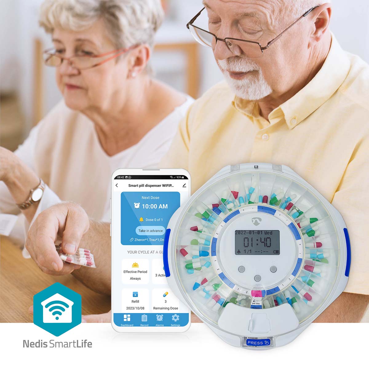 SmartLife Pillenspender | Wi-Fi | 28 Fächer | Anzahl der Alarmzeiten: 9 Weckzeiten pro Tag | Licht / Piep / Stimme | LCD-Anzeige | Weiss