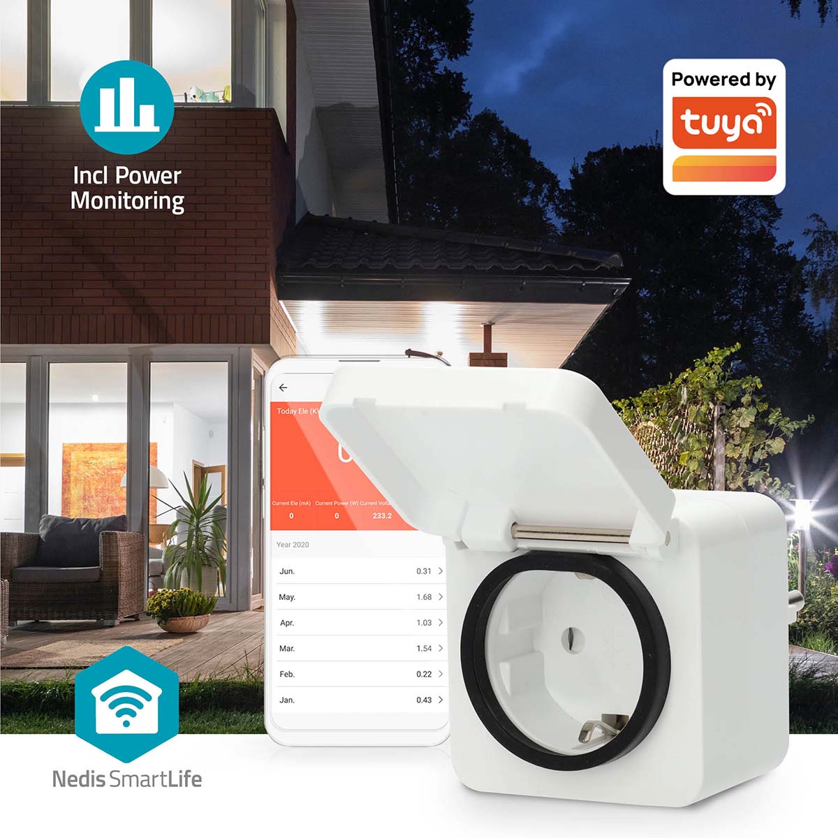 SmartLife Smart Stecker | Wi-Fi | IP44 | 3680 W | Schutzkontakt | -25 - 55 °C | Android™ / IOS | Grau / Weiss | 1 Stück