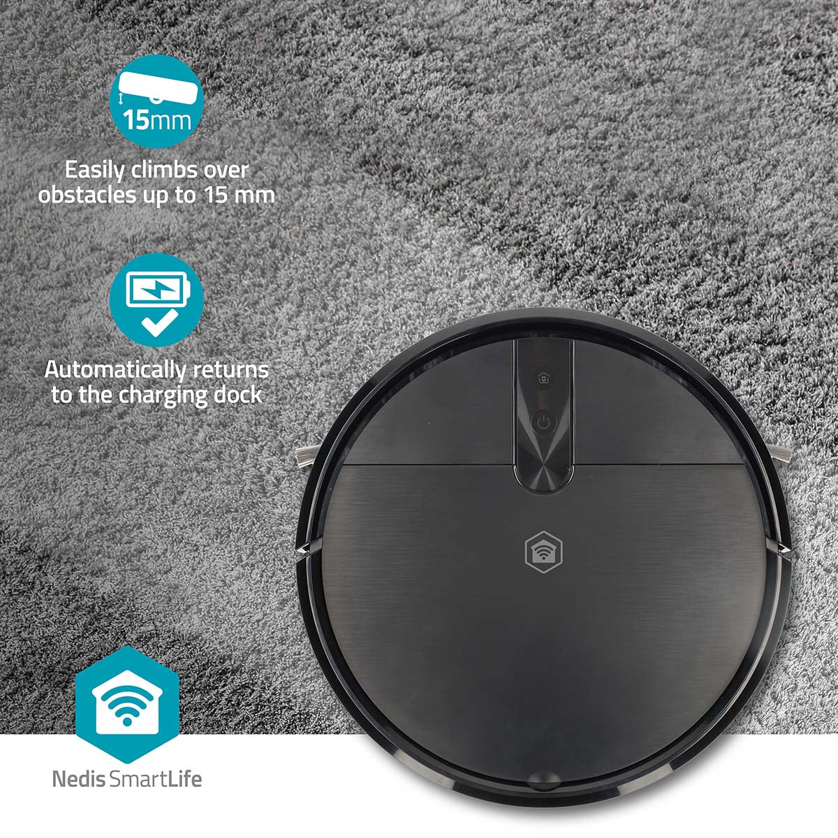 SmartLife Roboter-Staubsauger | Random | Wi-Fi | Kapazität Auffangbehälter: 0.6 l | Automatisches Laden | Maximale Betriebszeit: 2 Std | Schwarz | Android™ / IOS