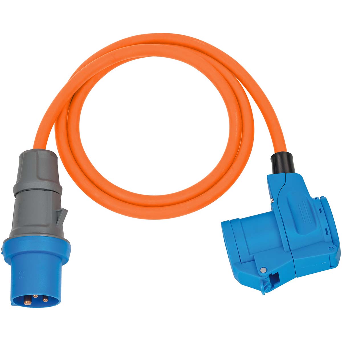 CEE-Adapterkabel Camping 1,5m Kabel in orange (CEE-Stecker und Winkelkupplung inkl. Sicherheitskontakt-Kombisteckdose, 230V/16A, für den dauerhaften Einsatz im Freien)