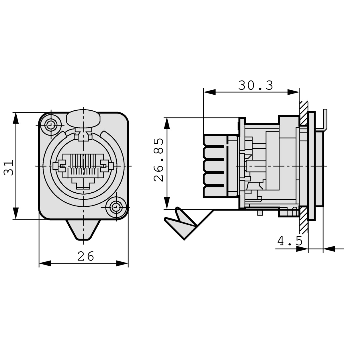 Einbausteckdose mit IDC-Schneidklemmen, D-Size-Metallflansch mit Rastverriegelung, max. Plattenstärke 4 mm, inklusive Befestigungsschrauben