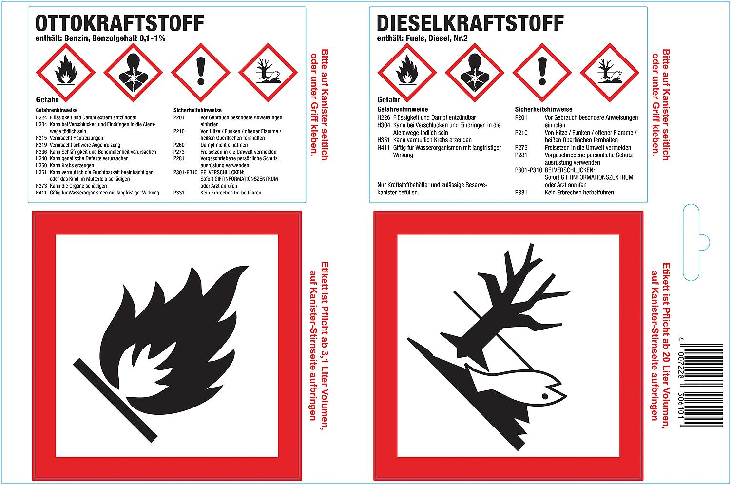 Haftetikette für Otto-/Dieselkraftstoff 25x4er Bogen