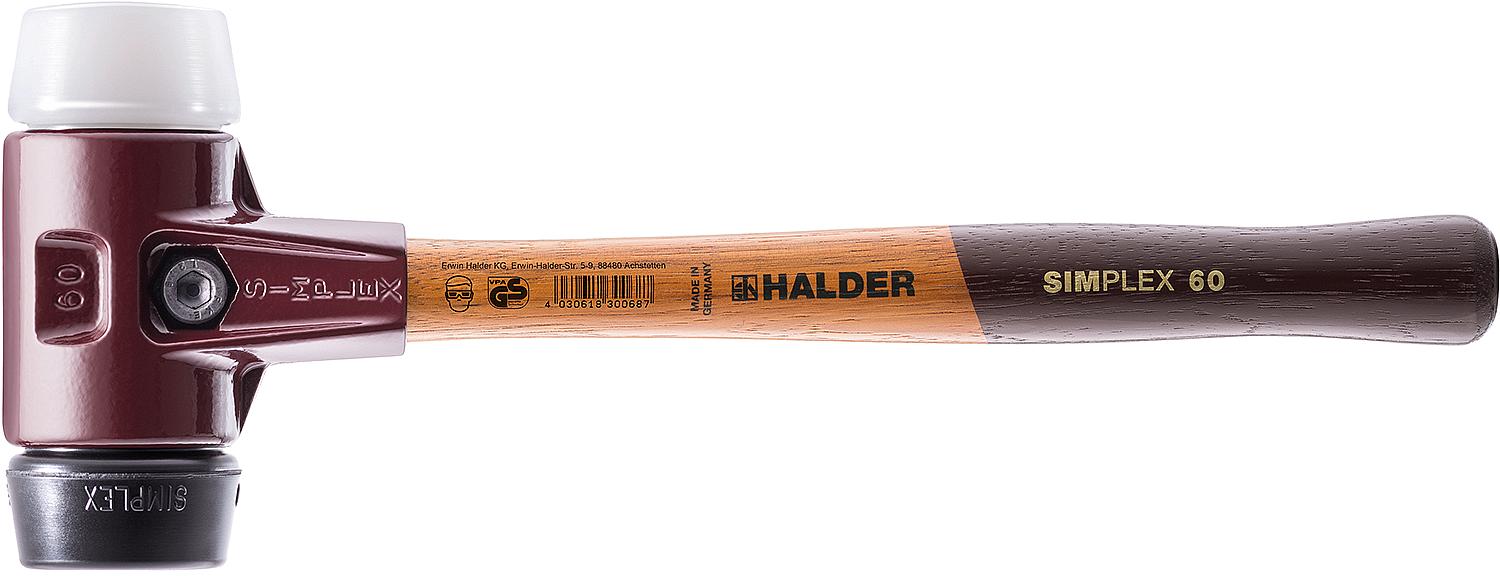 SIMPLEX-Schonhammer HALDER® mit Tempergussgehäuse und Holzstiel m. Gummi- und Plastikeinsatz Ø 60 mm