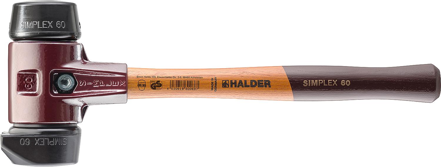 SIMPLEX-Schonhammer Halder mit TE-Gehäuse und Holzstiel, Gummikomposition mit Standfuß/Gummikomposition, Ø 60 mm