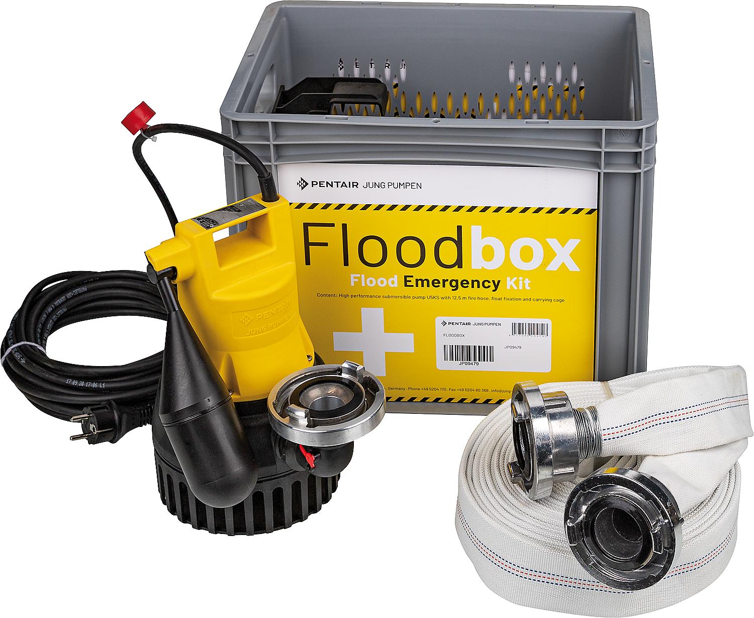 Jung Flutbox Kellerentwässerung mit U5KS Pumpe & 12,5 m C-Schlauch- Erste Hilfe Set für Hochwasser