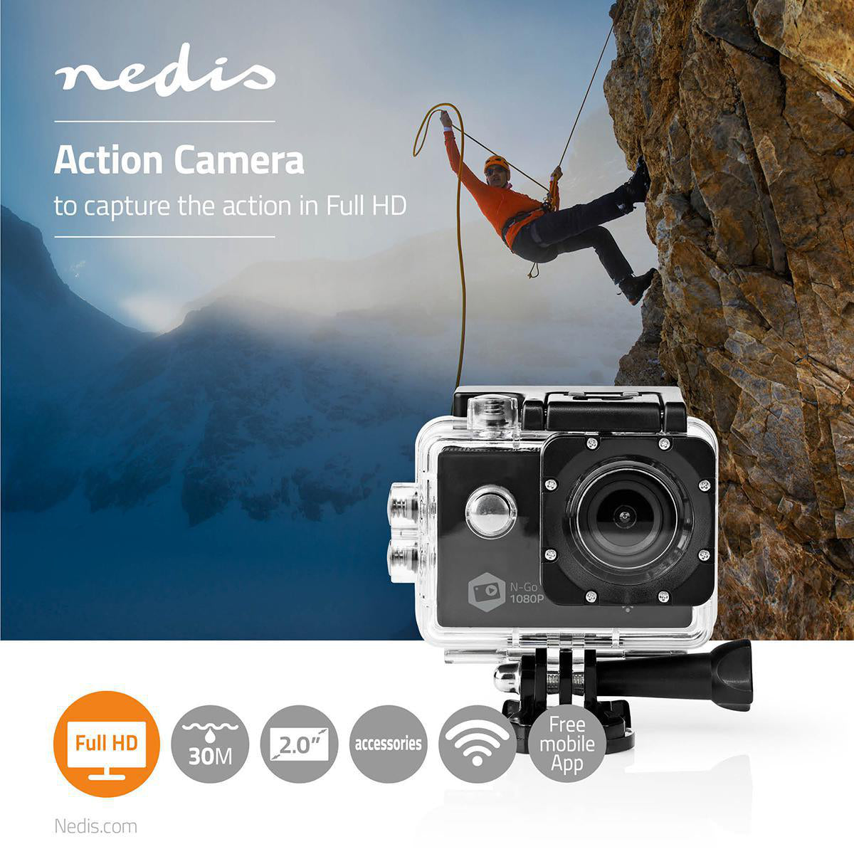 Action Cam | 1080p@30fps | 12 MPixel | Wasserdicht bis: 30.0 m | 90 min | Wi-Fi | App erhältlich für: Android™ / IOS | Inkl. halterung | Schwarz