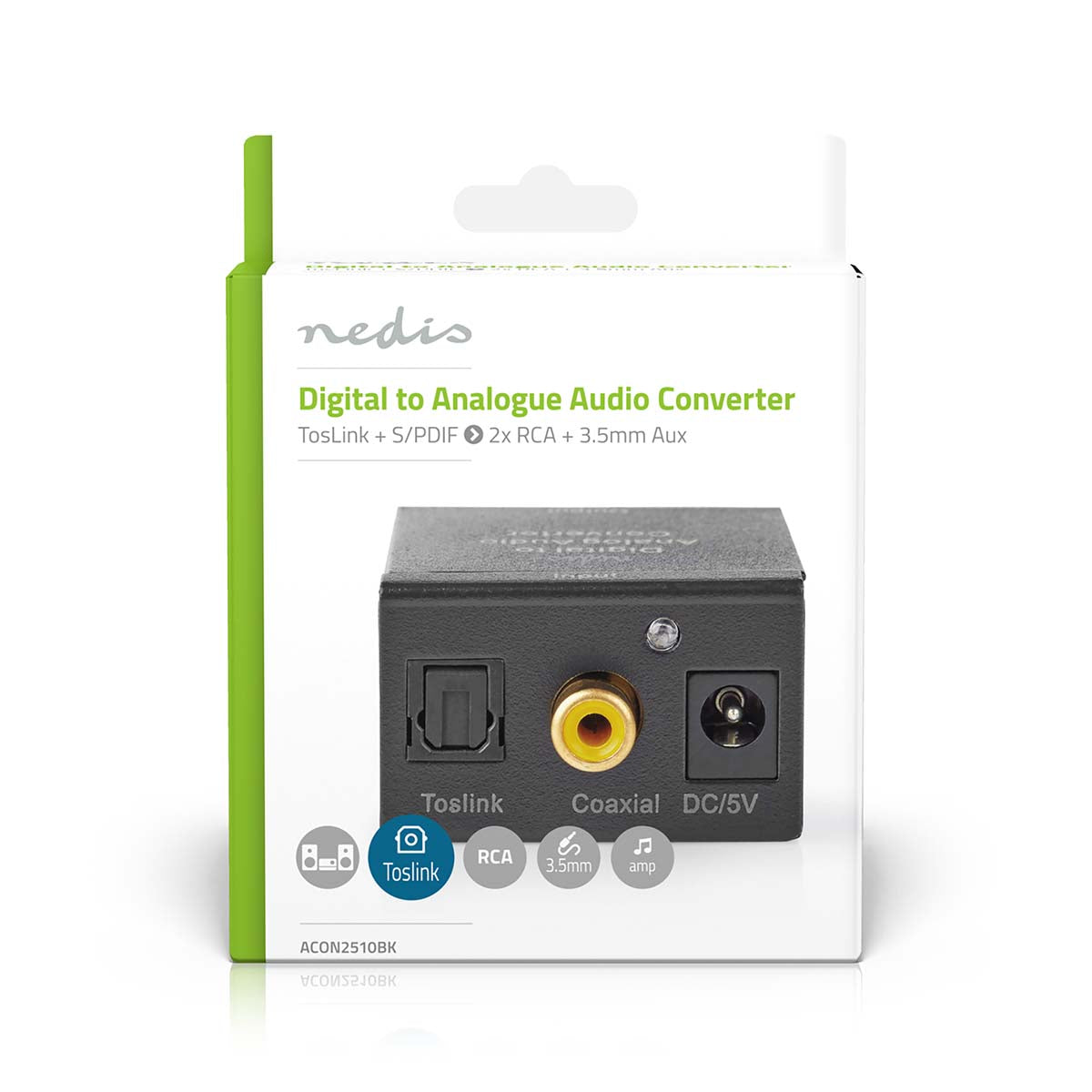 Digital Audio Converter | 1-Weg | Anschlüsse – Eingang: 1x Digital-Cinch / 1x TosLink | Anschlüsse – Ausgang: 1x (2x RCA) / 1x 3.5 mm | Automatisch | integrierter Verstärker | Schwarz