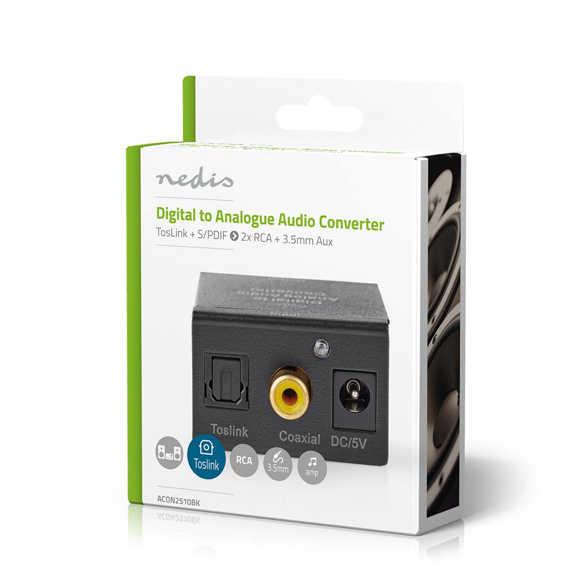 Digital Audio Converter | 1-Weg | Anschlüsse – Eingang: 1x Digital-Cinch / 1x TosLink | Anschlüsse – Ausgang: 1x (2x RCA) / 1x 3.5 mm | Automatisch | integrierter Verstärker | Schwarz