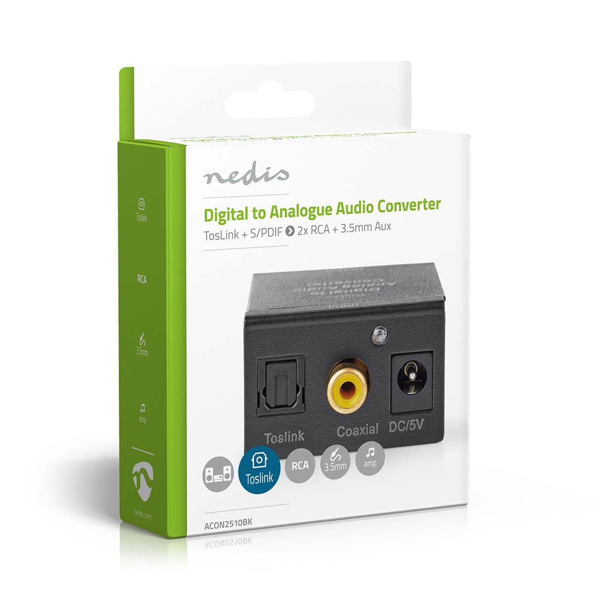 Digital Audio Converter | 1-Weg | Anschlüsse – Eingang: 1x Digital-Cinch / 1x TosLink | Anschlüsse – Ausgang: 1x (2x RCA) / 1x 3.5 mm | Automatisch | integrierter Verstärker | Schwarz