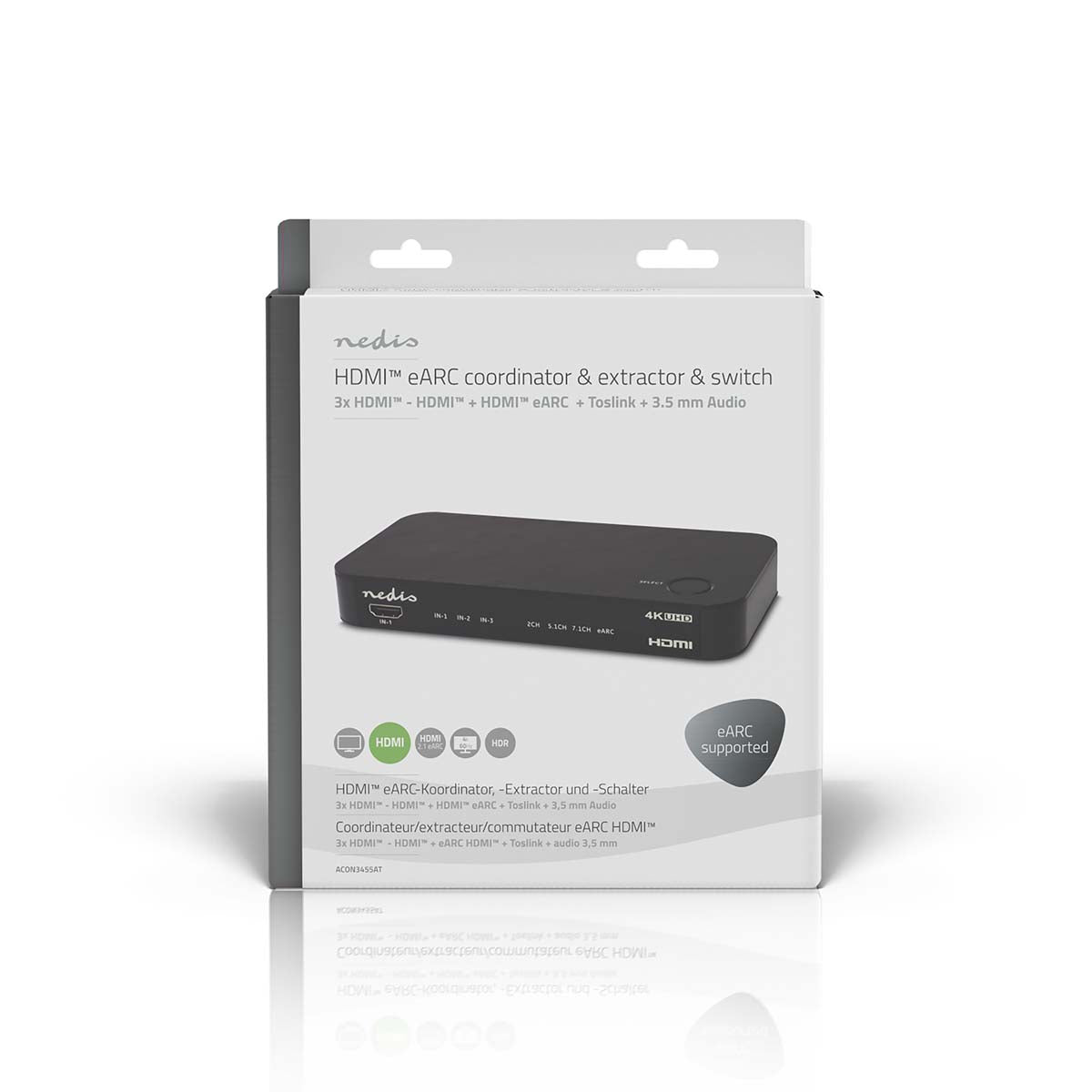 Digital Audio Converter | 2-Weg | Anschlüsse – Eingang: DC Power / 3x HDMI™ Eingang | Anschlüsse – Ausgang: 1x 3.5 mm / 1x TosLink / 2x HDMI™ Ausgang | Automatisch / Druckknopf | Anthrazit