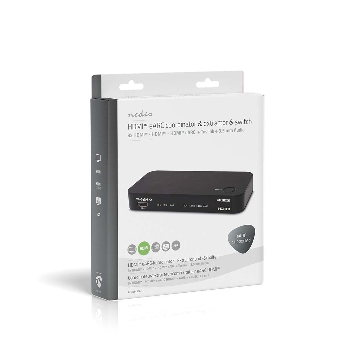 Digital Audio Converter | 2-Weg | Anschlüsse – Eingang: DC Power / 3x HDMI™ Eingang | Anschlüsse – Ausgang: 1x 3.5 mm / 1x TosLink / 2x HDMI™ Ausgang | Automatisch / Druckknopf | Anthrazit