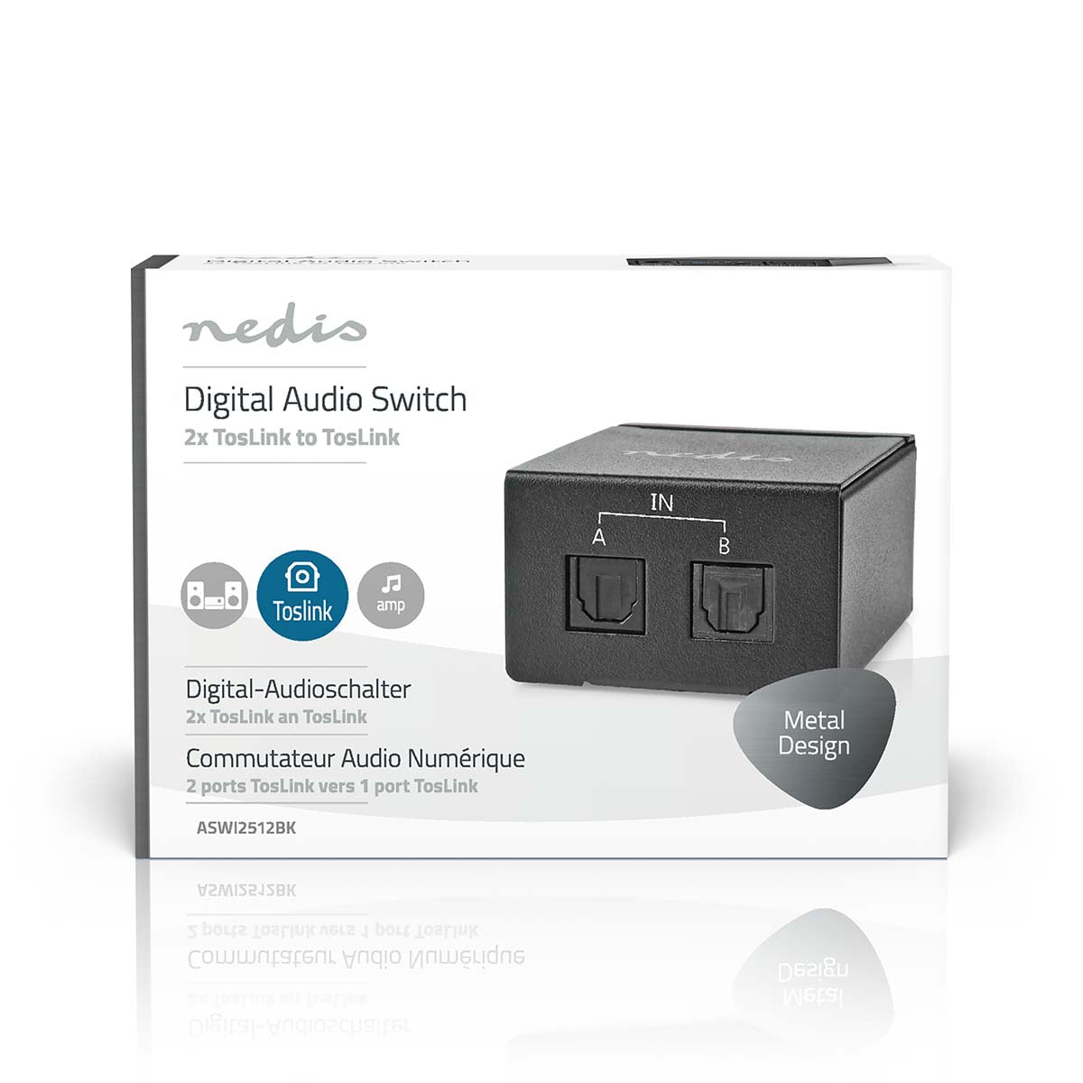 Digital-Audio-Switch | 2-Weg | Anschlüsse – Eingang: DC Power / 2x TosLink | Anschlüsse – Ausgang: TosLink Buchse | Handbuch / Schalter | Metall | Schwarz