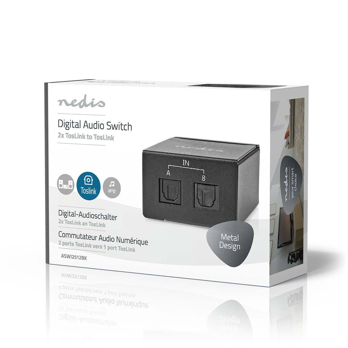 Digital-Audio-Switch | 2-Weg | Anschlüsse – Eingang: DC Power / 2x TosLink | Anschlüsse – Ausgang: TosLink Buchse | Handbuch / Schalter | Metall | Schwarz