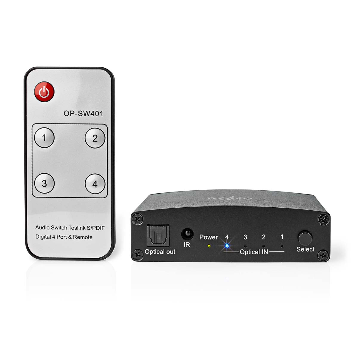 Digital-Audio-Switch | 4-Wege | Anschlüsse – Eingang: DC Power / 4x TosLink | Anschlüsse – Ausgang: TosLink Buchse | Druckknopf / Fernbedienung / Handbuch | Metall | Schwarz