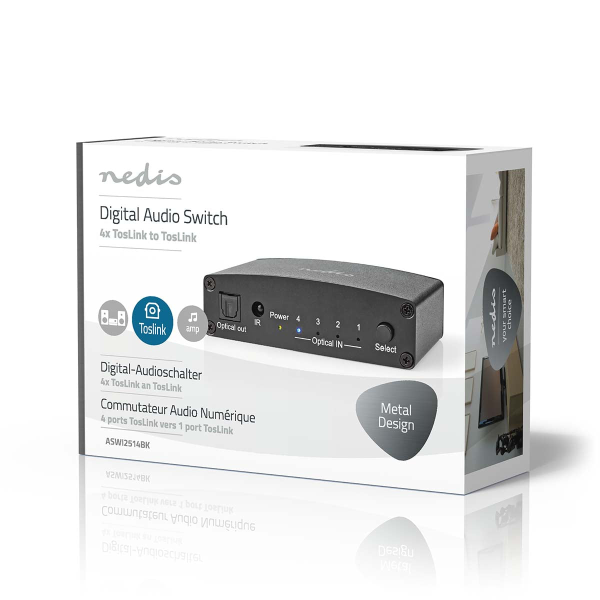 Digital-Audio-Switch | 4-Wege | Anschlüsse – Eingang: DC Power / 4x TosLink | Anschlüsse – Ausgang: TosLink Buchse | Druckknopf / Fernbedienung / Handbuch | Metall | Schwarz